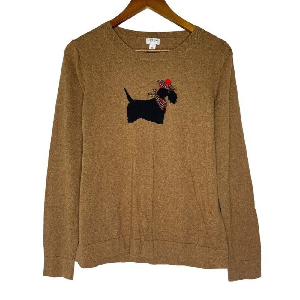 J Crew Brown Scottish Terrier Dog Graphic Sweater Size Large Women’s